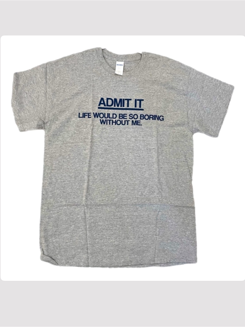 Unisex Graphic T-Shirt 100% Cotton, Grey w/Blue Text.
